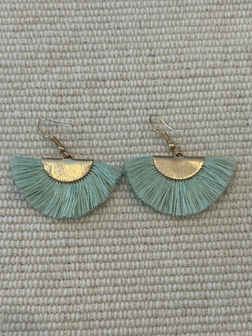 Handmade Mint Fan Tassel Earrings with Gold Accent